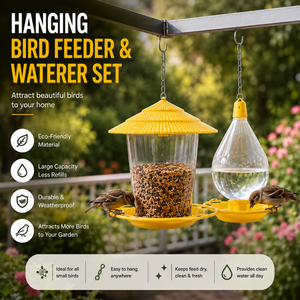 Bird Feeder Waterer Set hanging outdoor hero scene with feeding bird