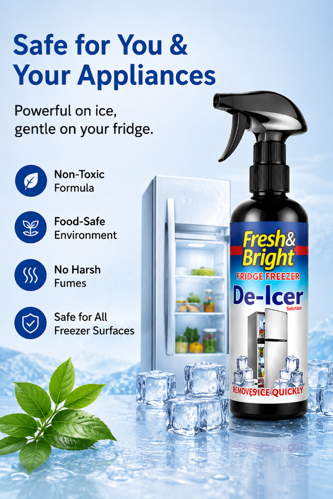 Refrigerator Defrosting Agent Fresh and Bright hero shot de-icer bottle with ice background