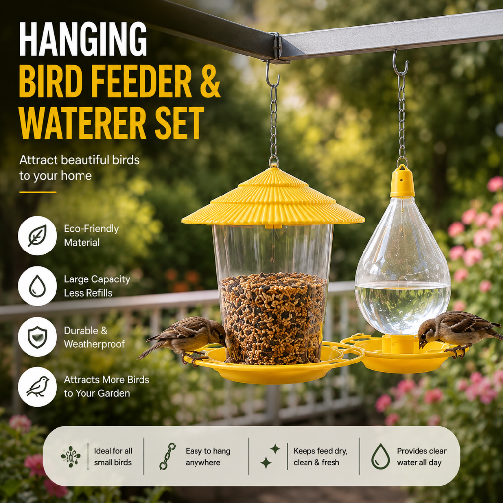 Bird Feeder Waterer Set hanging outdoor hero scene with feeding bird