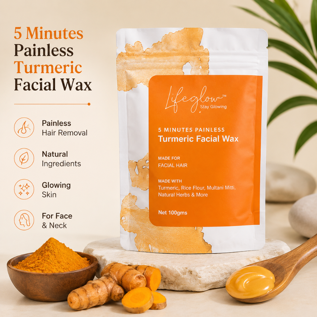 Turmeric Facial Wax 5 Minutes Painless pack hero with turmeric root and powder