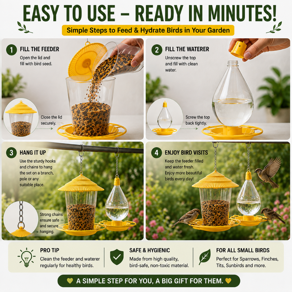Bird Feeder easy to use 4-step setup fill feeder fill waterer hang enjoy