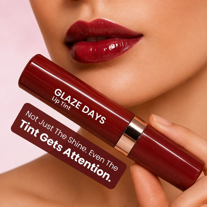 Glaze Days Lip Glaze hero shot — model lips and tube, Not Just The Shine tagline