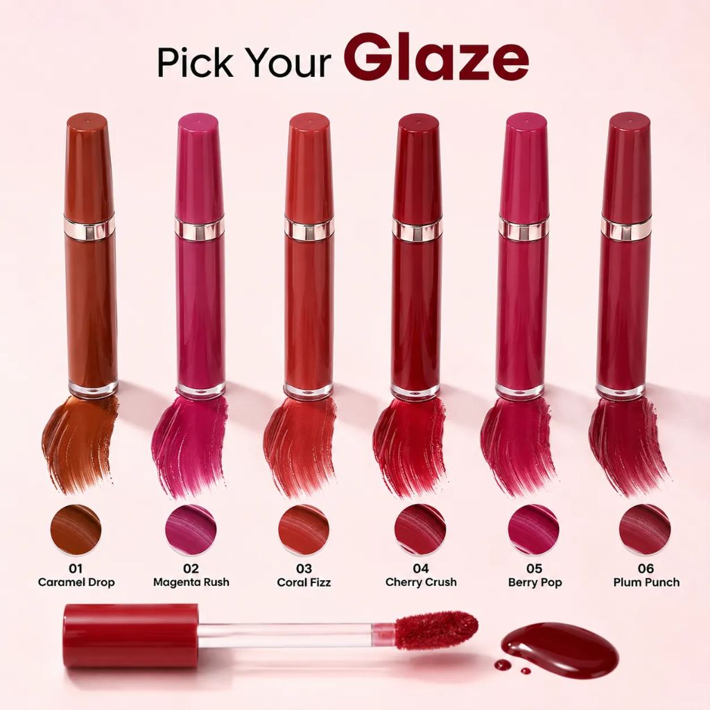 Glaze Days Lip Glaze shade swatches 01 Caramel Drop to 06 Plum Punch
