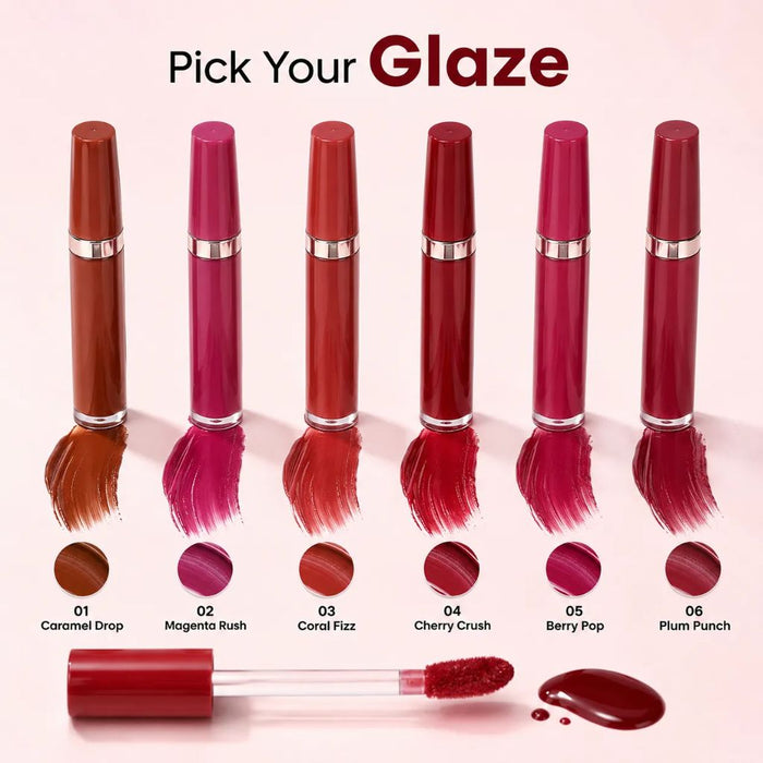 Glaze Days Lip Glaze shade swatches 01 Caramel Drop to 06 Plum Punch